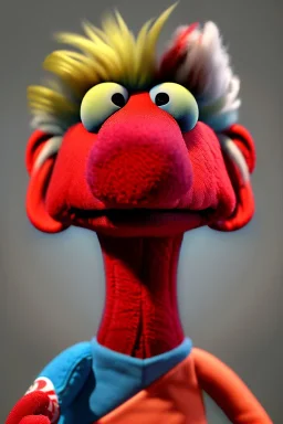 Waist up muppet Portrait, Nicolas maduro muppet doll, tracksuit red blue and yellow, mustache, photo studio, red background, unreal engine 5, concept art, art station, ray tracing, lumen lighting, ultra detail, volumetric lighting, 3d.