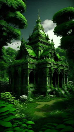 very detailed all Green Buddhist temple surrounded by leaves and ivy, medieval, gothic style,