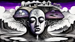 painted and drawing inner world with uncontrolled mind and soul, in midle a big head statue stands on little floating island over surreal cracked painted weird land with some black doors. very dark purple, gray, black, white, brown. Whimsical style of Chagall , of Minjae Lee and René Magritte, lonely face with absurd beauty. broken, weird absurd nightmare, labirynth, dark vision, in background big neuron network , surreal vibe