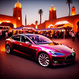 A Tesla's 'Model S Plaid' is performing donuts, in 'Jemaa el-Fnaa', in Marrakesh. CINEMATIC. WIDE ANGLE LENS.