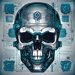 FLAT VECTOR LAYERED IMAGE OF CYBERNETIC SKULL PARTS IN A SCHEMATIC