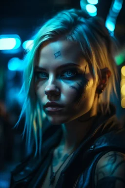 hyper real water color of blonde pierced cyberpunk Malkavian vampire portrait with clear blue-green eyes in spotlight feeling in control in goth ruins, zeiss prime lens, bokeh like f/0.8, tilt-shift lens 8k, high detail, smooth render, down-light, unreal engine, prize winning