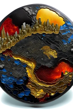 round 3D embossed textured ethereal image, a cityscape on the distant horizon, in molten lava; made of stained glass, agate with gold foil highlights, coals. red, orange, yellow, blue, silver, grey, black; 3D, fire, flames, smoke, nebula sky, small crescent moon, starry night, glowing embers, gold smoke, sparks, realistic, sharp lines, extreme detail