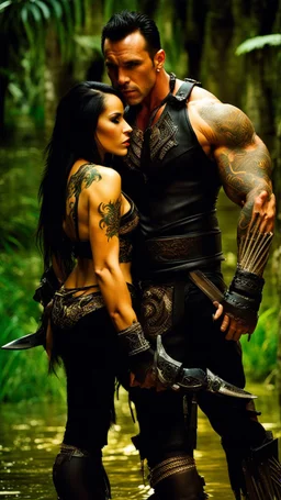 Jason david frank muscular male with short dark hair and tribal tattoos whispering in young blond woman's ear. Dark fantasy