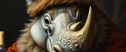close up portrait painted by Rembrandt, stupid looking furry dragon fox rhino at banquet