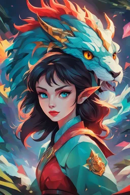 A dragon mixed with a mythical lion and a human female elf.Dramatic and powerful look and feel. Extensive attention to details. Bold lines. Vivid colors. 80s style retro anime art. Double exposure. cartoon style. cubism style