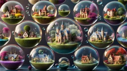 A stunning 3D render of miniature worlds, captured in floating transparent bubbles. Each bubble showcases a unique scene, such as quaint villages, mystic, gardens, tropical island, enchanting castles, alien palnet, or whimsical fairy-tale landscapes. The miniature towns with featuring quaint houses, markets, and charming residents. In the gardens colorful delicate flowers and lush greenery. The castles are majestic and grand, with towers, big gates. Unusual and captivating plants coexist with ma