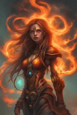 fire robot-elf-monk tattooed nature-witch girl with long hair and smoked background elemental flames lightning lights luminance colorful futuristic steampunk