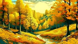 a autumn landscape with gold leaf in style of van gogh