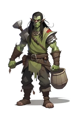 a dnd half orc with a bucket on his head and 2 shortswords and long hair