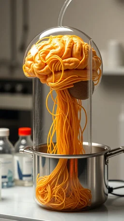 A transparent brain fills with spaghetti in laboratory tube connected to small tubes and wires to a cooking pot