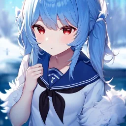 Clear focus,8k,Beatiful Lighting,Detailed,blue long pigtails,fluffy hair, long fluffy bangs, red eyes, wearing a sailor uniform, short skirt, snowy aesthetic