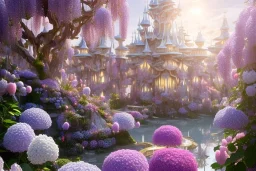 a magical crystal flower lys bougainvillier,pink hydrangeas, pink wisteria, blue gold house crystal castle, magnolias pink,blue lake,sun,white swanns,pink vertical, blue lake,sharp, vines, candlelit, endor, ornate, elegant, highly detailed, artstation, concept art, smooth, sharp focus, illustration, 8k, splash art, wallpaper, key visual