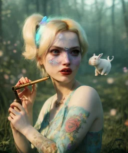 Ultra realistic wonderland photo, happy blonde woman smoking a pipe, blue dress, white rabbit pet, circus dress style, old school tattoo, smoke, marijuana garden, glow eyes, perfect iris, soft color, highly detailed, unreal engine 5, ray tracing, RTX, lumen lighting, ultra detail, volumetric lighting, high definition.