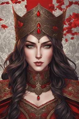 A (((beautiful woman with long, brown hair and red eyes))), in the Witcher universe, anime style, highly detailed, representing a (((royal medieval concubine))), clad in intricate ((red and black clothes)), set against a (detailed, anime-inspired backdrop)