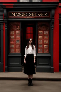 Photorealistic image of a young woman with dark hair, in a black ankle length skirt, boots and shirt, standing outside an old magic shop front with large red painted multi-paned picture windows on either side of a multi-paned doorway.