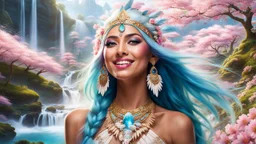 Photo realistic portrait of a gorgeous smiling skinny native indian goddess with a golden dark shining skin, long smooth clear turquoise blue and pink white hair, blue eyes, in a sci-fi outfit with luminous strikes blowing a kiss in a hill of flowers with sakura trees, a waterfall, a crystal palace, loads of mini flowers, moss, sun rays through the branches, particles in the air at spring. Intricated details,