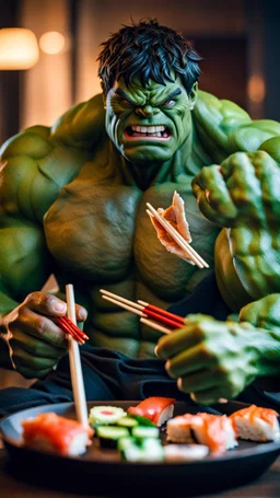 a hulk eating sushi with chopsticks, moody good best quality, full, beautiful light, raw photo, 8K UHD, police