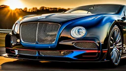 A sleek (((bentley gt3))), its glossy shell reflecting the (((bright sun))), cutting through a (((clear bright blue morning sky)))
