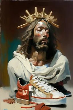 oil painting + Jesus + sneaker + top of head