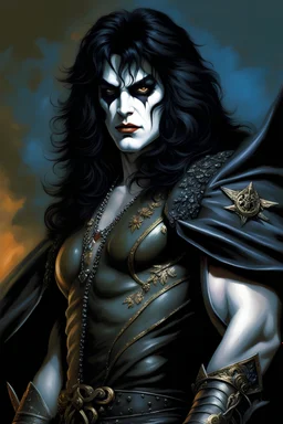 Paul Stanley as the vampire Vincent Paul - he'll seduce you, and then he'll drain you, and then he'll make you his, forever - in the art style of Boris Vallejo, Frank Frazetta, Julie bell, Caravaggio, Rembrandt, Michelangelo, Picasso, Gilbert Stuart, Gerald Brom, Thomas Kinkade, Neal Adams, Jim Lee, Sanjulian, Thomas Kinkade, Jim Lee, Alex Ross, Dorian Vallejo, Stan Lee, Norman Rockwell