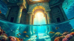 In the lively scene of a bustling building submerged in shallow water, the vibrant marine life dances around intricately carved columns and ornate archways. The image, a breathtaking painting, depicts the sunlight filtering through the crystal-clear water, casting a mesmerizing glow on the coral-covered walls and ancient ruins. Every detail sparkles with a rich palette of deep blues and vibrant greens, creating an immersive underwater world that feels almost tangible. This captivating artwork se