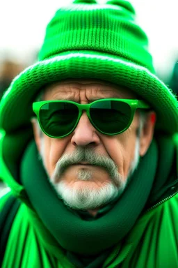 A man with huge sun glasses and a green winter hat