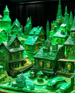 A green mechanical village with crystals painted by Vincent van Gogh