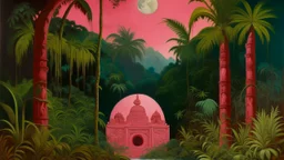 A pink rainforest with a moon temple designed in Kuna molas painted by Gustave Courbet