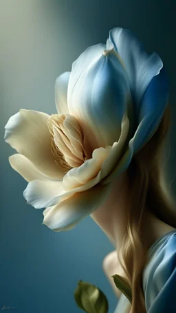 Create a detailed digital illustration of a parrot tulip in soft and abstract style. The background should be composed of blue petals that gradually transition to a creamy butter-colored center, with the petal tips delicately tinted in a noble, pale blue. The transitions between colors should be seamless and smooth, with no sharp edges, giving the petals an ethereal, veil-like, silky appearance. Focus on capturing the soft texture and gentle flow of the tulip petals, creating a dreamy and elegan