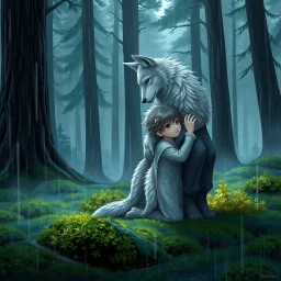 fantasy anime art from an gray bodyhair wolf female anthropomorphic wolf female hibrid kneeling hugs her two anthropomorphic wolf-kid hibrid child on field, in background tall trees wirh big trunks, rain, down on blue-green moss, hug each other , rainy day, high contrast, high detalied, atmospheric, fantasy, sci-fi mood