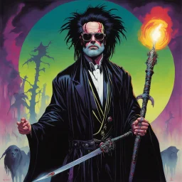 Art by Steve Rude: Elton John Zombie with black dreads and black wild beard as a fantasy necromancer holding a glowing black ram staff and wearing black magic robes