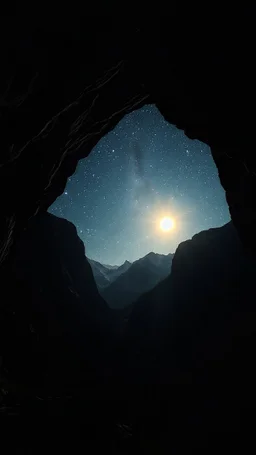 surreal glowing in dark, millions of stars. a sun view through a mountain cave in double exposure