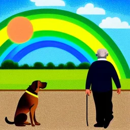 old man with glasses, with dog, on the rainbow bridge