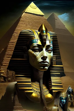 Tutankhamen as Mona Lisa futuristic pyramids of Giza