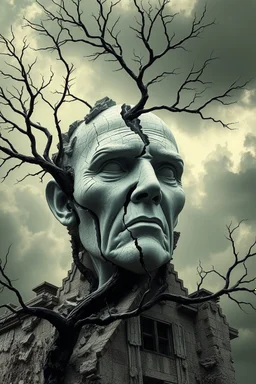 surrealis monochrome A fragmented, surreal sculpture liguid color of photorealistic image 3d,psychedelic art of an old man face glossy emerging from dreamlike a crumbling building. The face appears pale with deep cracks and intricate details, evoking a haunting expression. Blackened tree branches intertwine with the gold mengkilat cracks, set against a backdrop of stormy, cloud-filled skies. bauhaus art The overall tone is dark and moody, suggesting themes of decay and transformation. Include