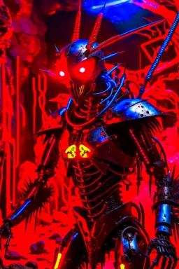 A seemingly sinister humanoid being made entirely of sharpened metal blades and spikes. It has glowing red eyes. The setting is a desert cave. The are impaled humans connected to an organic machine in the background. Photograph.
