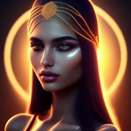 Close-up of a beautiful Arab girl with headband, dark black hair, dark black eyes, high makeup, Artstation, Light Painting, Super-Resolution Microscopy 8K Phosphor Display, Glossy, Ray Tracing Reflections, RGB Displacement, Glowing Edges, RTX