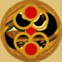 Ukiyo-e styled art, yin and yang sign, mountains and sun