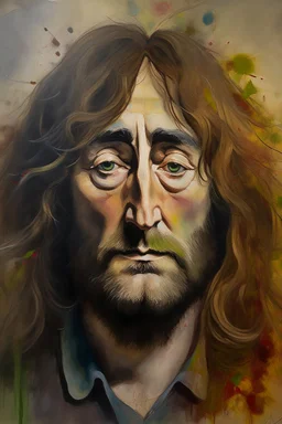 an expressive painting of John Lennon with long hair and beard , we might see a companion with features of absolute strength and determination, blended with warmth and deep faith. Perhaps her face expresses wisdom and courage, with eyes radiating confidence and faith.