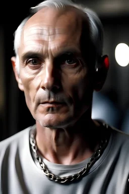 terence stamp with black stubble and a shaved head wearing an Adidas t-shirt and wearing a big silver chain