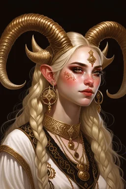 A teenage tiefling woman with a set of ram horns on her head encrusted with jewels, White-Blonde, long hair, black eyes, no pupils, dressed in white and gold with lots of jewelry