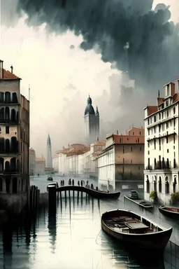 a painting of a canal with boats in it and buildings in the background with a cloudy sky above it, matte painting, a detailed matte painting, ink watercolour, people, modern city
