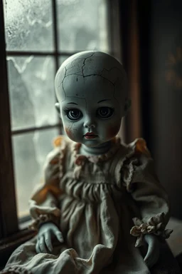 looking at the camera a high realistic porcelain doll, old, dirty with old dress, sitting on shelf, in background blur cracked window. The figure has cracked face and head, and big black eyes. High contrast, cinematic, thriller, dark, atmospheric. Surreal style , perfect composition, sharp focus, intricate details, crepy stunning