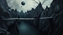painted inner world with neurodivergens mind and soul, floating doors over surreal cracked weird landscape . one thin bridge over big black river, . deep dark colors, with silver and black. Whimsical strange style of Chagall, of Quentin Blake, andYoshitaka Amano of Anton Semenov. one dark purple-gray human shiluette in hood sitting on bridge and gazes weird absurd beauty nightmare, black shadows, in background cyber neuronic network, surreal vibe, nightmare