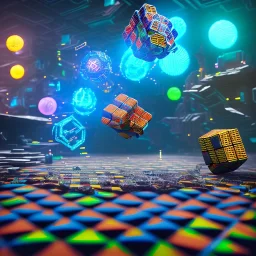 kente scene, thread, melting Rubik's cube, flying symbol, cyberpunk floor, embroidery, octane render, high detail