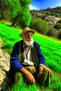 Blind old man on a hillside in Greece