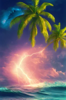 1980's vaporwave aesthetic palm trees with lightning with solar eclipse in the ocean waves sunset