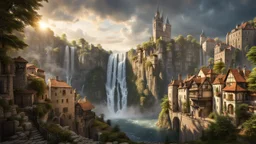 a wide waterfall falling upon a medieval european city. The city is at the bottom at the end of a steep, narrow, 3.000 feet tall ravine. a masterpiece, fantasy concept art, dynamic lighting, hyperdetailed, intricately detailed, deep color, Unreal Engine, volumetric lighting, Epic cinematic brilliant stunning intricate meticulously detailed dramatic atmospheric maximalist digital matte painting