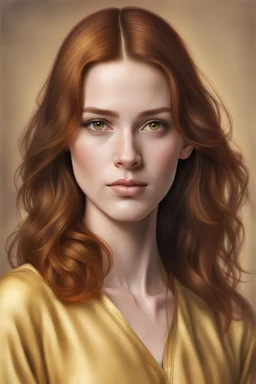 Photo realistic portrait of a young woman in her 20s. Fair skin complexion with a slight gold hue. Red eyes and auburn hair that is shoulder length. She wears a tunic that is yellow to gold.